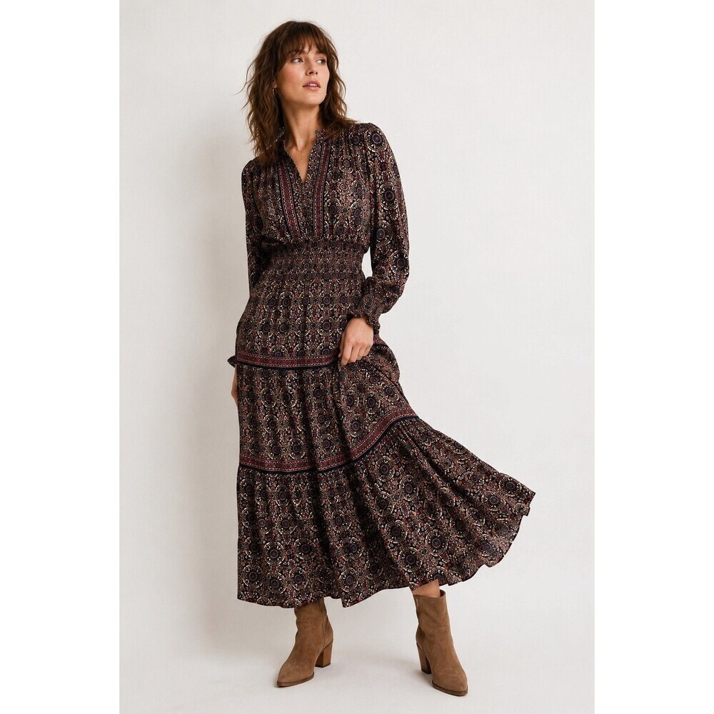 Max Studio Boho Tiered Maxi Dress Smocked Waist Long Sleeve Floral Medallion M